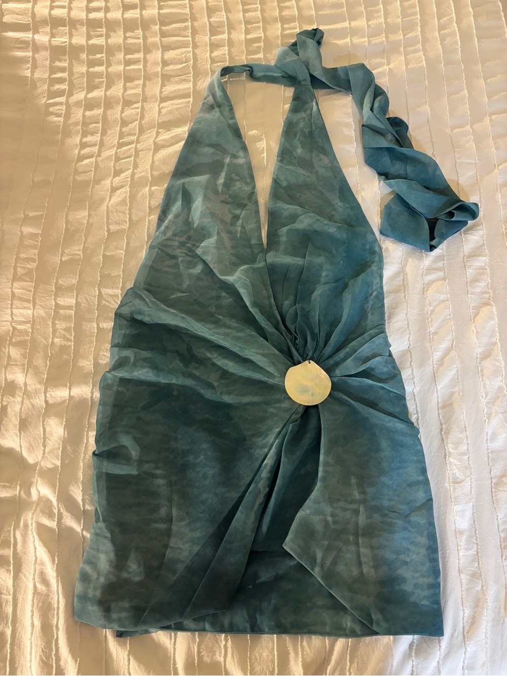 Peppermayo Teal Plunge Halter Dress with Center Accent